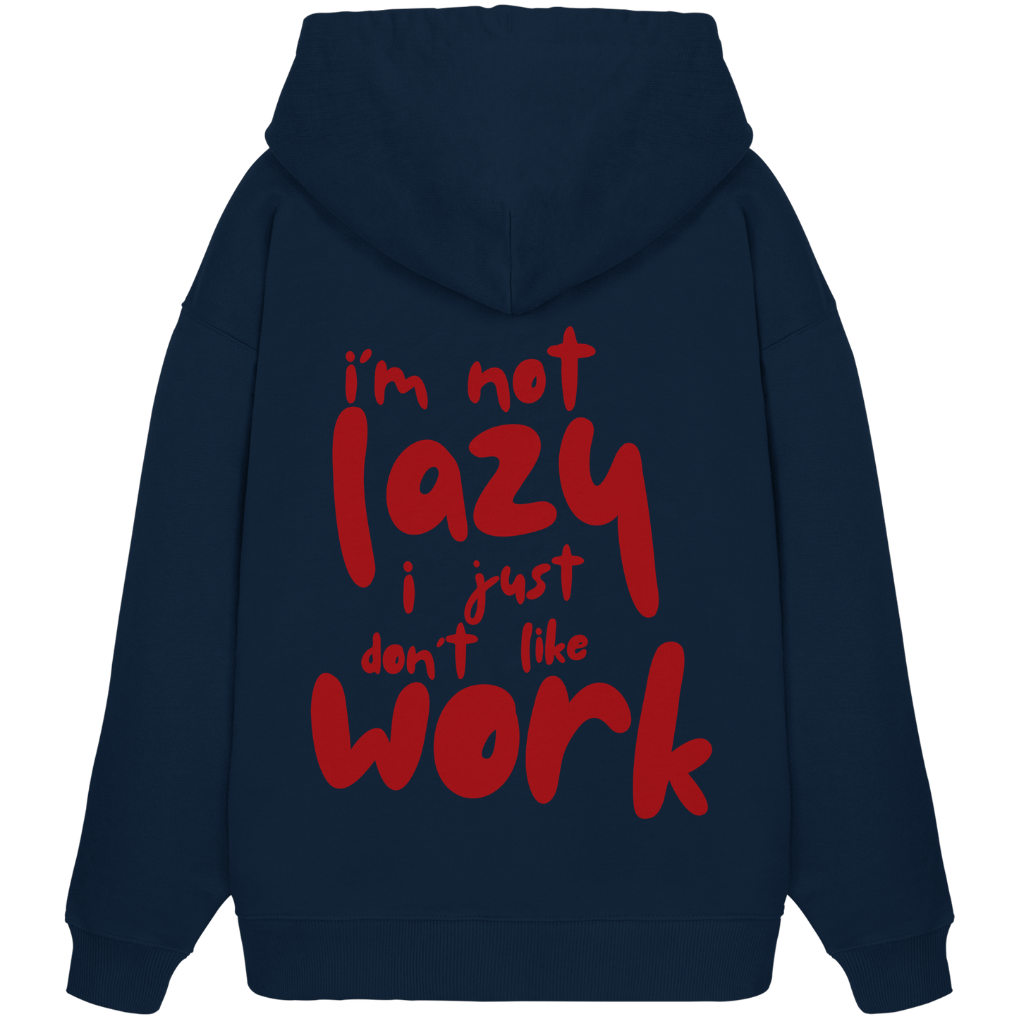 Navy blauer oversized Kapuzen-Pullover mit Rundhalsausschnitt aus 100% Baumwolle mit großem roten Schriftzug auf der Rückseite