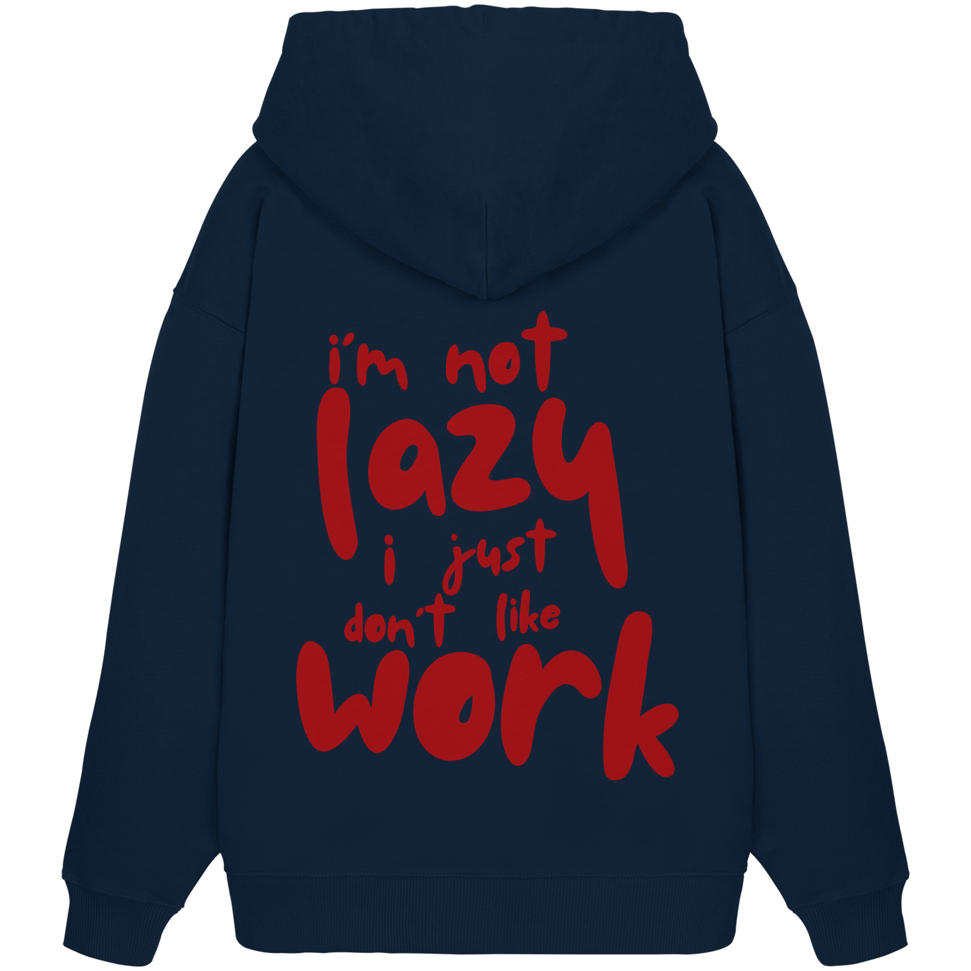 Navy blauer oversized Kapuzen-Pullover mit Rundhalsausschnitt aus 100% Baumwolle mit großem roten Schriftzug auf der Rückseite