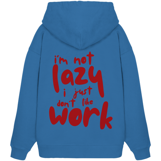 Royal blauer oversized Kapuzen-Pullover mit Rundhalsausschnitt aus 100% Baumwolle mit großem roten Schriftzug auf der Rückseite