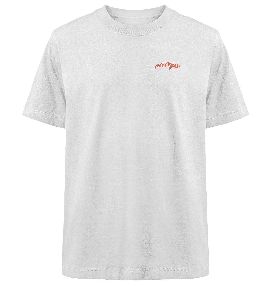 heavy oversized organic t-shirt 100% baumwolle weiß mit kleinem minimalistischen Schriftzug vorne in rot