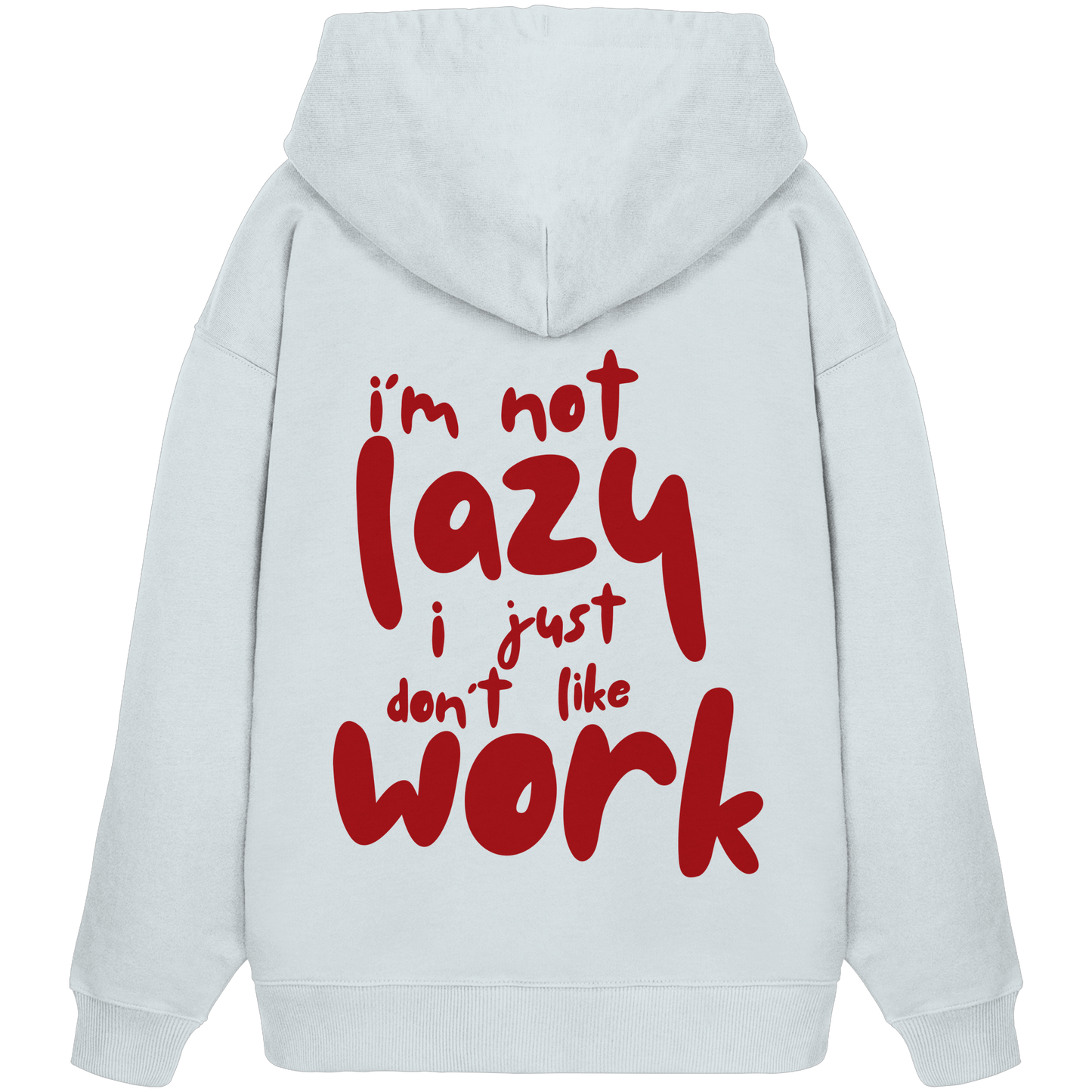 Eis weißer oversized Kapuzen-Pullover mit Rundhalsausschnitt aus 100% Baumwolle mit großem roten Schriftzug auf der Rückseite 