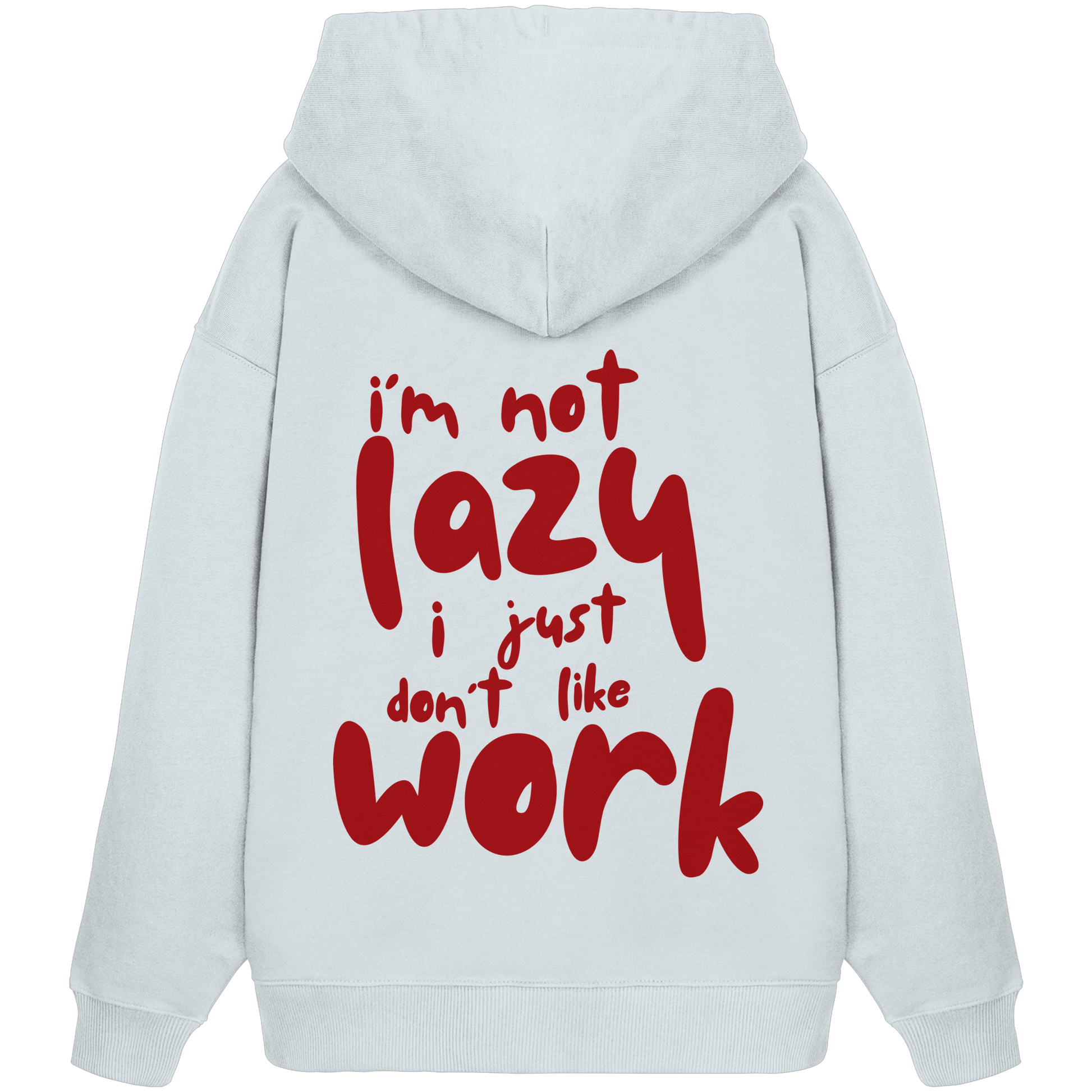 Eis weißer oversized Kapuzen-Pullover mit Rundhalsausschnitt aus 100% Baumwolle mit großem roten Schriftzug auf der Rückseite 