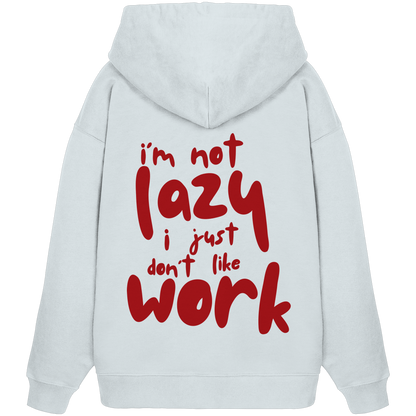 Eis weißer oversized Kapuzen-Pullover mit Rundhalsausschnitt aus 100% Baumwolle mit großem roten Schriftzug auf der Rückseite 