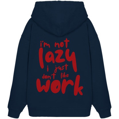 Navy blauer oversized Kapuzen-Pullover mit Rundhalsausschnitt aus 100% Baumwolle mit großem roten Schriftzug auf der Rückseite 