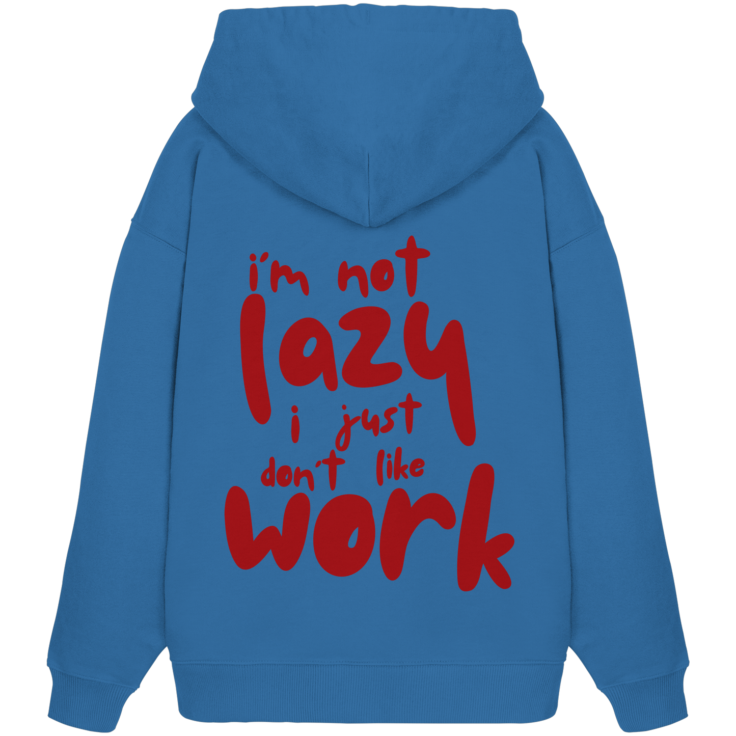 Royal blauer oversized Kapuzen-Pullover mit Rundhalsausschnitt aus 100% Baumwolle mit großem roten Schriftzug auf der Rückseite 
