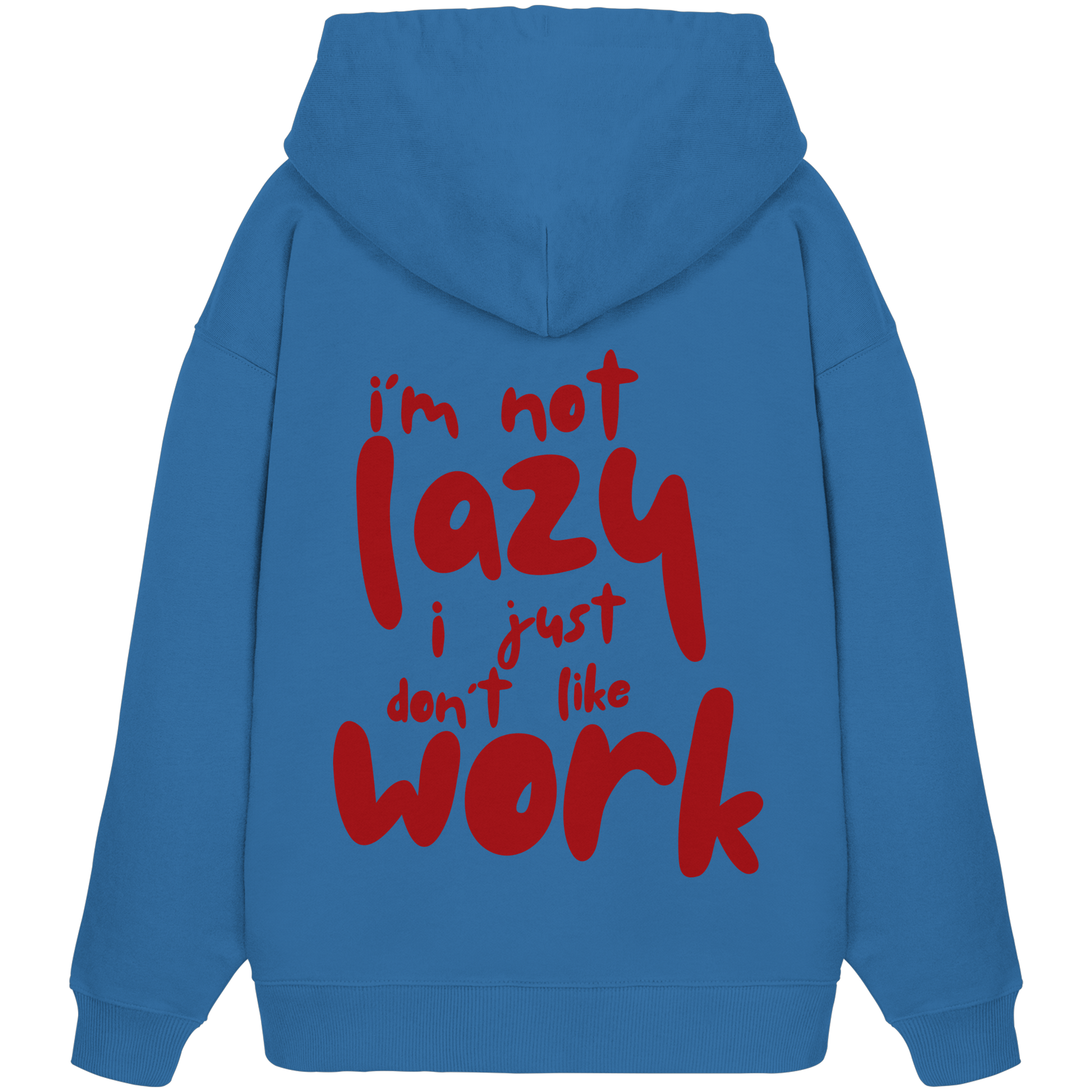 Royal blauer oversized Kapuzen-Pullover mit Rundhalsausschnitt aus 100% Baumwolle mit großem roten Schriftzug auf der Rückseite 