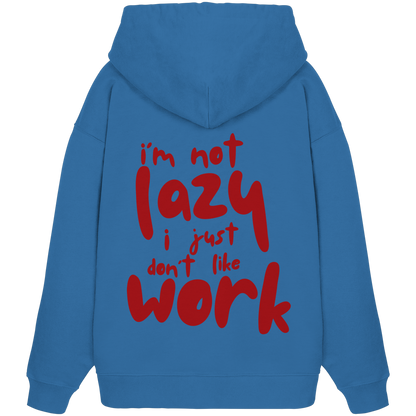 Royal blauer oversized Kapuzen-Pullover mit Rundhalsausschnitt aus 100% Baumwolle mit großem roten Schriftzug auf der Rückseite 