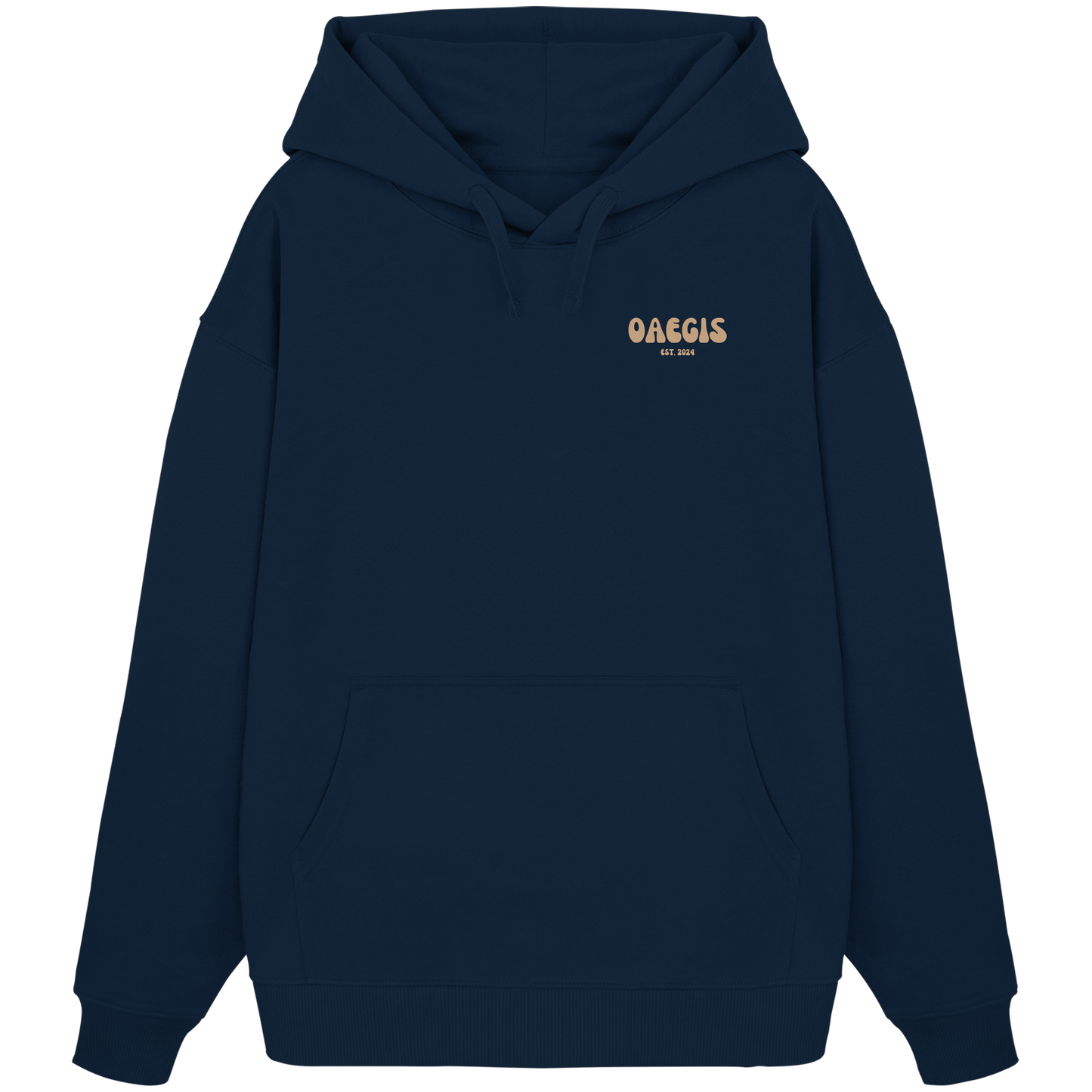  Navy blauer Oversize Kapuzen-Pullover mit Rundhalsausschnitt aus 100% Baumwolle und minimalistischem Design auf der linken Brust 