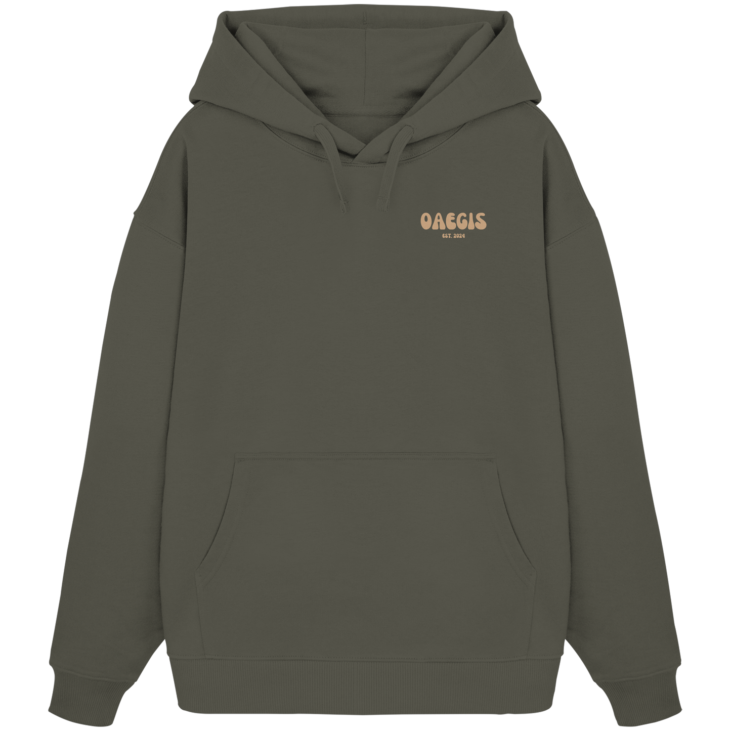  Khaki grüner Oversize Kapuzen-Pullover mit Rundhalsausschnitt aus 100% Baumwolle und minimalistischem Design auf der linken Brust 