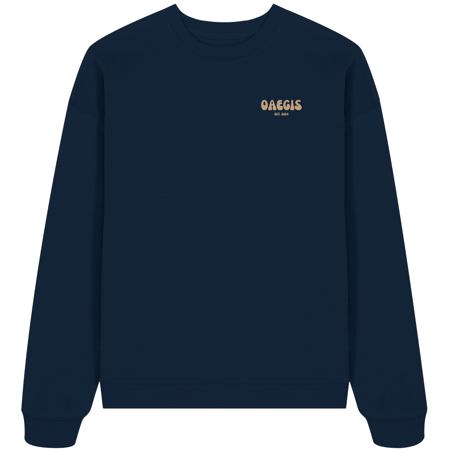 Navy blauer Oversize Pullover mit Rundhalsausschnitt aus 100% Baumwolle und minimalistischem Design auf der linken Brust 