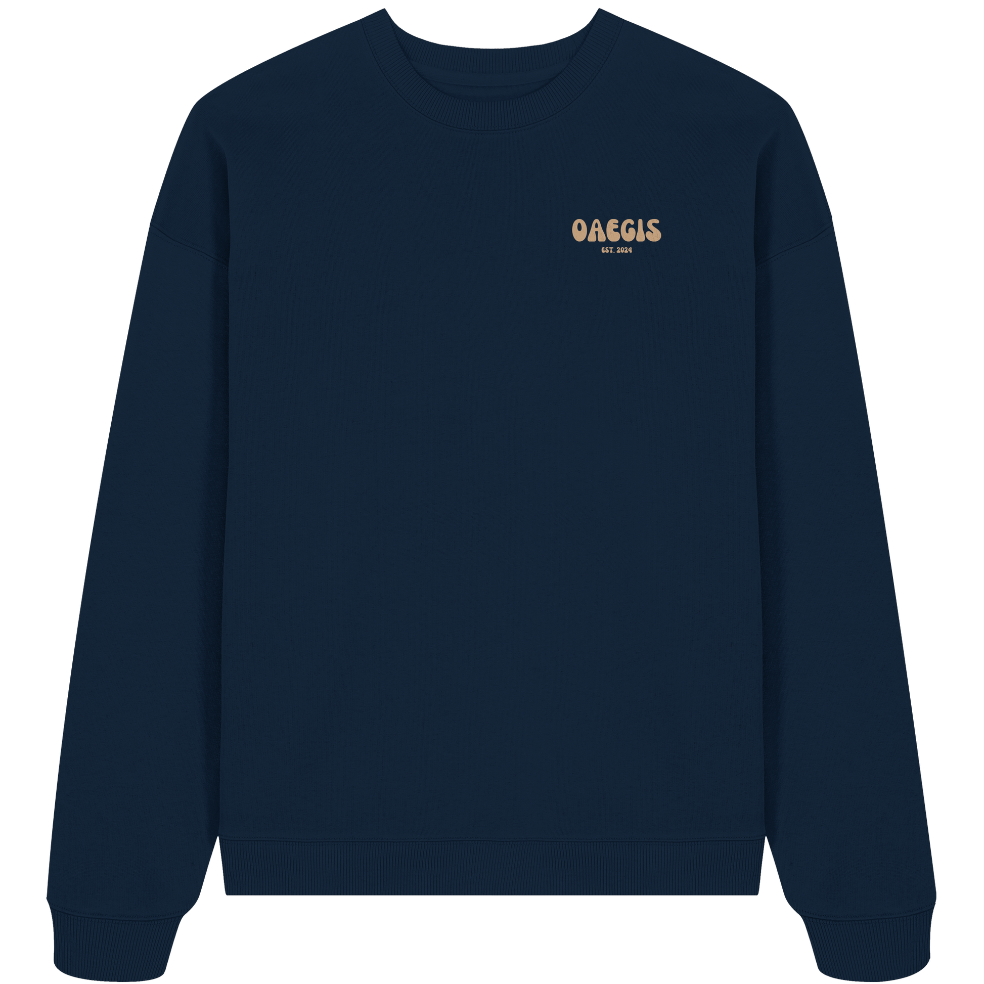 Navy blauer Oversize Pullover mit Rundhalsausschnitt aus 100% Baumwolle und minimalistischem Design auf der linken Brust 