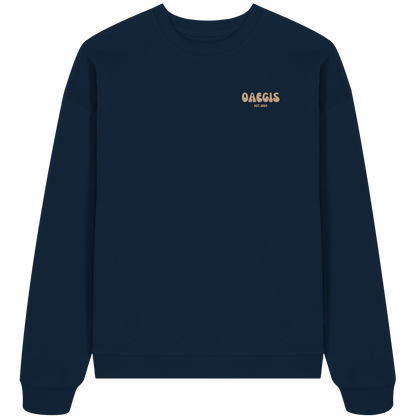 Navy blauer Oversize Pullover mit Rundhalsausschnitt aus 100% Baumwolle und minimalistischem Design auf der linken Brust 