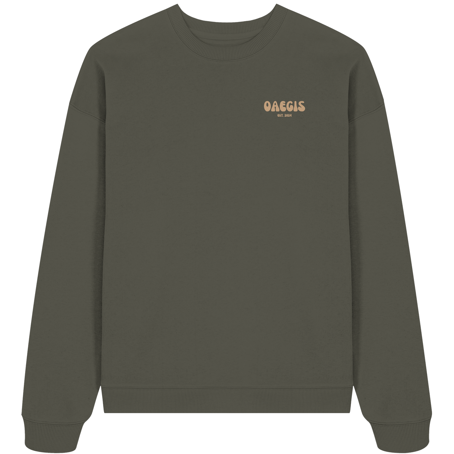 Khaki grüner Oversize Pullover aus 100% Baumwolle mit Rundhalsausschnitt und minimalistischem Design auf der linken Brust 