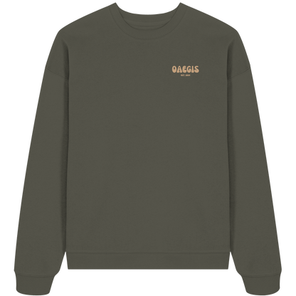 Khaki grüner Oversize Pullover aus 100% Baumwolle mit Rundhalsausschnitt und minimalistischem Design auf der linken Brust 